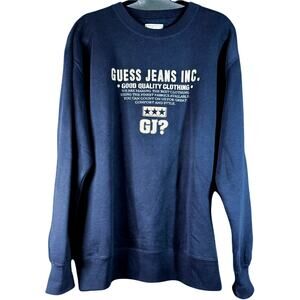 Vintage 90s Guess Jeans Mens Large Logo Sweatshirt Navy Gold Fleece Lined Preppy